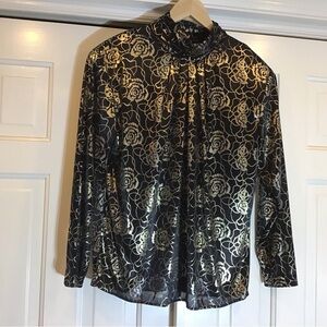 VTG Black/Gold Floral Satin Blouse Sz10 Witchy Dark Acedemia Edgey Feminine